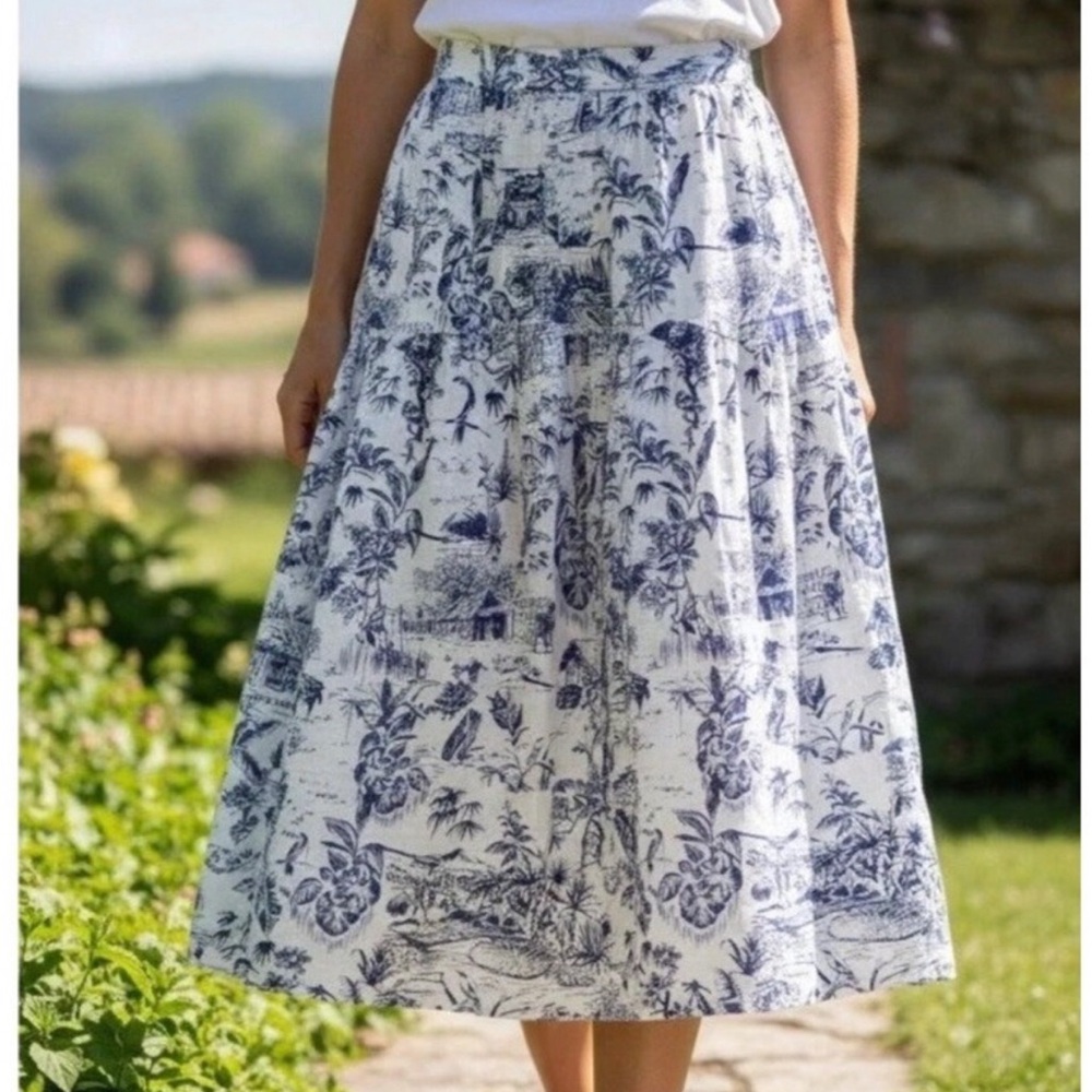 Joie 100% Linen Tropical Toile Midi Skirt Size XL Pockets Blue White Beach - Picture 3 of 15